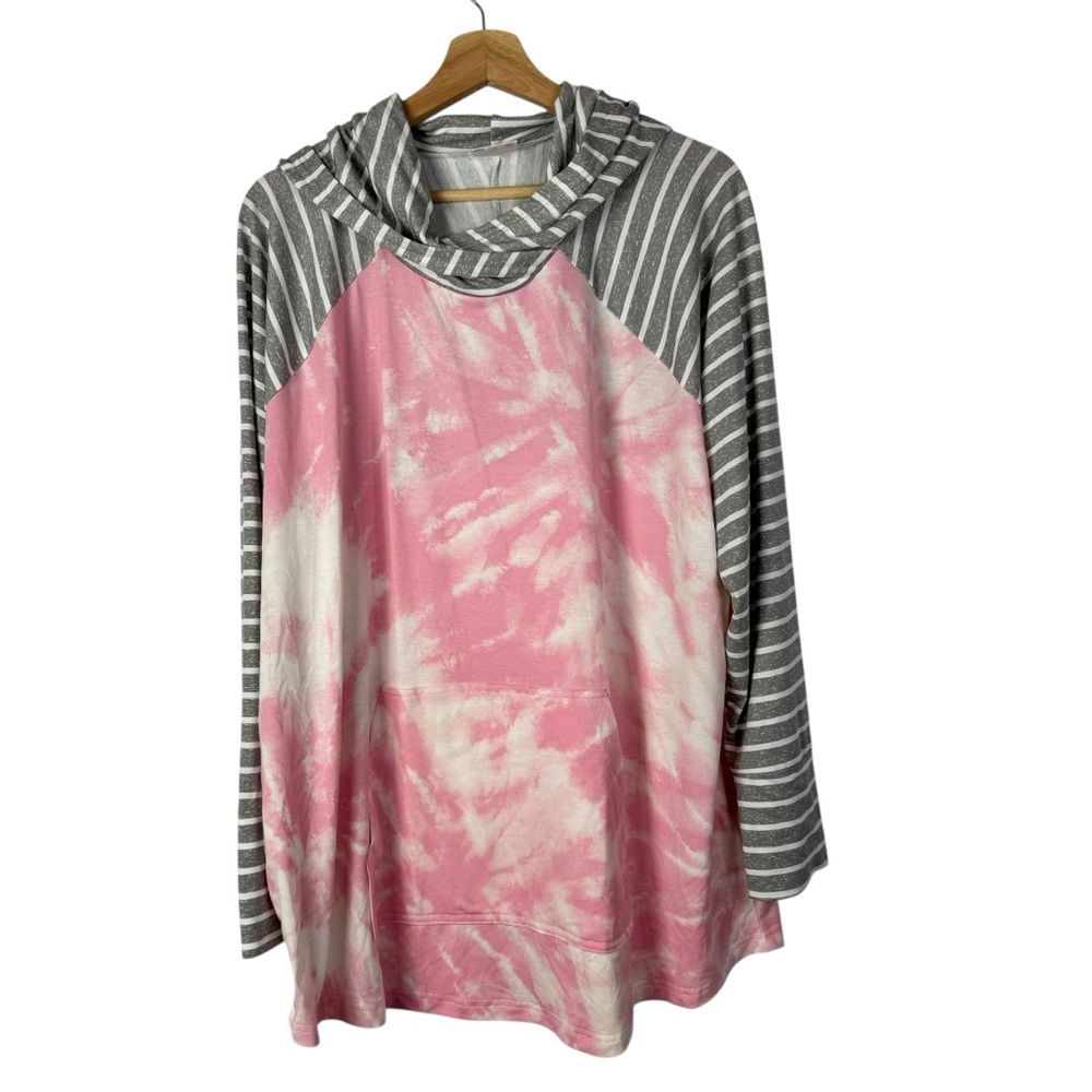 Lularoe Amber Pink Tie Dye & Gray‎ Stripe Pullover Hoodie Sweatshirt L